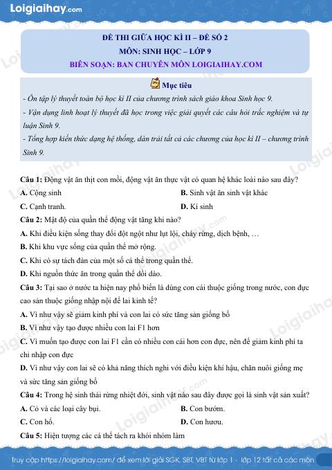 Đề kiểm tra giữa kì 2 Sinh 9 - Đề số 2 có lời giải chi tiết
